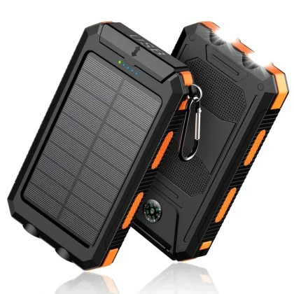 Ultra-High Capacity 8000mAh Solar Power Bank Dual LED Flashlights, USB Output Port for IOS, Android, Outdoor Camping and Emergency Power Needs, Built-in Compass Orange