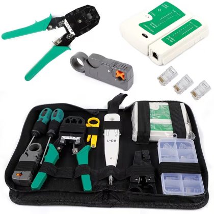 11-in-1 Portable Crimping Tool Kit, 8P8C 6P6C 4P4C Connectors, RJ11/RJ12/RJ45 Cat6 Cat5e Network/Phone Cable Tester, Black in Color