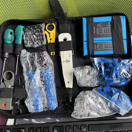 One set of RJ45 crimping tool kit with cable tester, suitable for Cat6 Cat5E connectors and protective sleeves – multi-functional network cable crimper, 6P/8P compatible, metal handle RJ45 Cat6e crimping tool set made of high carbon steel